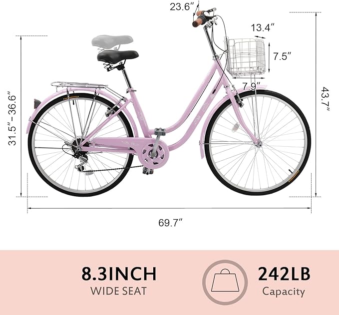 Ktaxon Women Bike 24/26 Inch Bicycles for Women, Beach Cruiser Bike with Premium Derailleur & Shift Lever, Adjustable Seat, High-Carbon Steel Frame and Excellent Welding Technology | Premium Derailleur, Shift Lever, Adjustable Seat