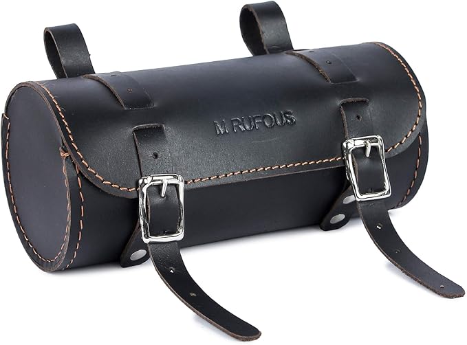 M RUFOUS Genuine Leather Under Seat Handlebar Bicycle Bag - Black, Premium Handcrafted Bicycle Bag with Brass Buckle, Leather Bag for Cell Phone (Free Waterproof Cover)
