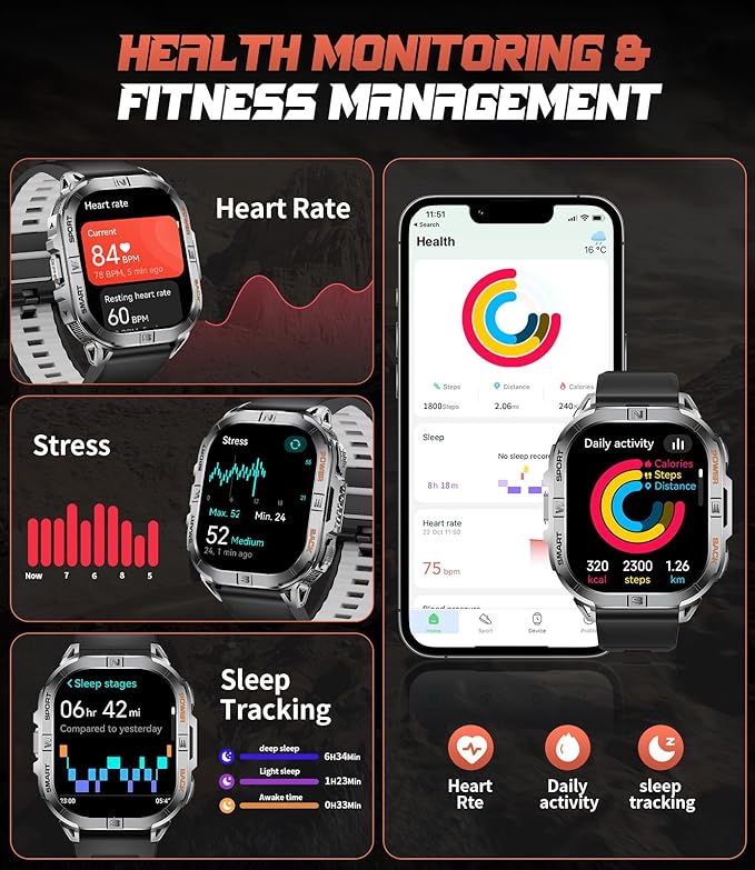 LIGE DM6 GPS Smart Watch for Men, 2.13'' AMOLED HD Smartwatch, 170+ Sport Modes/LED Flashlight/Compass/IP68 Waterproof Fitness Tracker, Sleep/Pedometer Mens Smart Watches for Android iOS, Black-Gray
