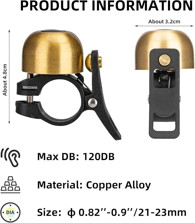 ROCKBROS Bike Bell, Copper Alloy Bike Bell, Loud Sound Classic Bike Ring Bell for Adults, for 0.82’’-0.9’’/21-23mm Handlebar Diameter