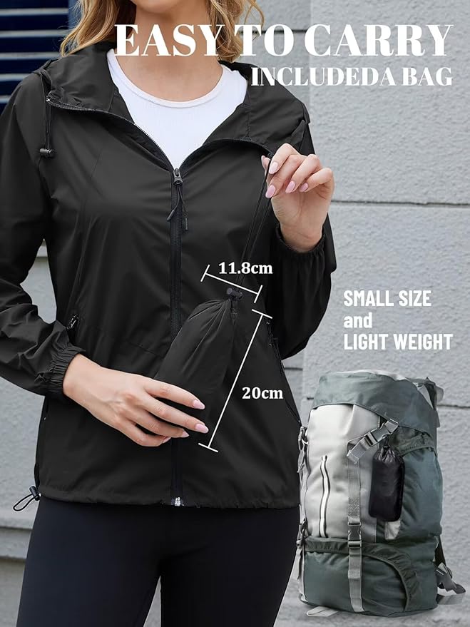 PITINAN Lightweight Rain Jacket Women Packable Wind Breaker Light Rain Jacket Women Waterproof Travel Raincoat S-XXL