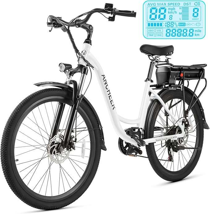 ANCHEER Electric Bike for Adults, 48V 500Wh EBike, UP to 60 Miles, Removable Battery, Fast-Charge, 26" Commuter Electric Bicycles, 7-Speed, LCD Digital Display, Suspension Fork, Cruise Control, UL2849