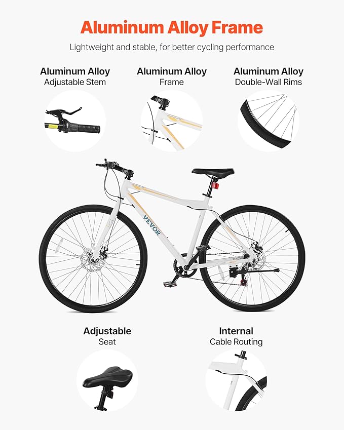 VEVOR Hybrid Bike, Lightweight Aluminum Frame Bike, 700c Wheel Men Women Hybrid Bicycle, Step-Over/Step-Through Adult Urban City Commuter Bikes, with 7/24 Speed, Alloy Adjustable Stem and Seat