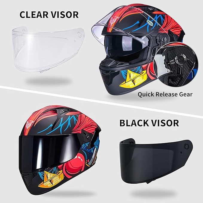 VCOROS Full Face Dual Visor Motorcycle Helmet for Adults Motorbike Street Bike Racing Helmets X9 DOT Approved with Black Visor