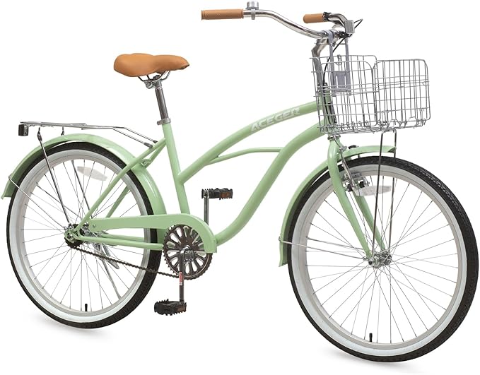 ACEGER 24 26 Inch Women Beach Cruiser Bike, Single Speed and 7 Speed, Adult Hybrid Bike Commuter Bicycle, Hi-Ten Steel Frame with Adjustable Handlebar and Saddle, Multiple Colors