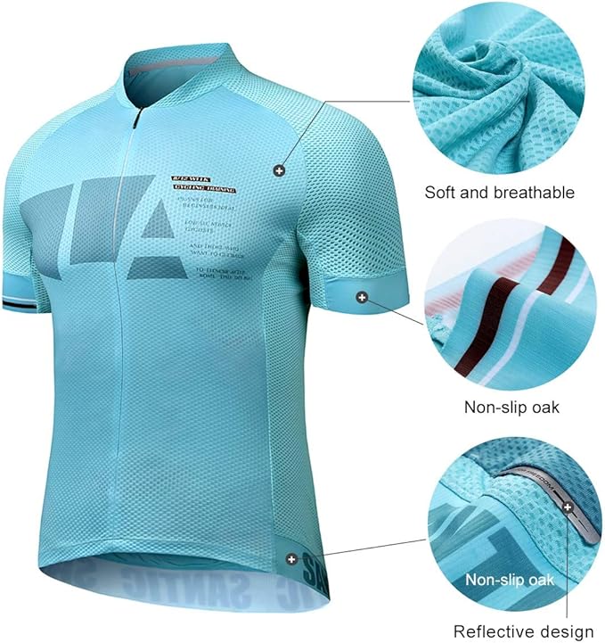 Santic Men's Cycling Jersey Short Sleeve Tops Pro Road Bike Shirt Full Zipper UPF 50+ MTB Jersey with Pockets