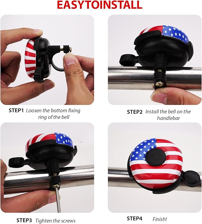 Kids Bike Bell, Bicycle Bell with American Flag Design for Boys and Girls, Metal Dome Handlebar Bell for Toddler Bikes, BMX, Cruiser and Scooter