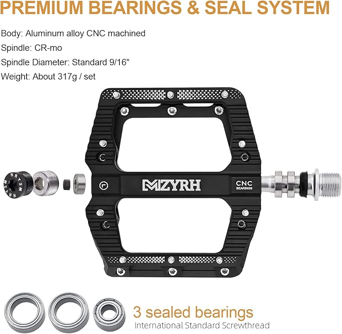 MZYRH Road/Mountain Bike Pedals MTB Pedals Bicycle Flat Pedals 3 Bearings 9/16” Aluminum Alloy Bicycle Platform Pedals for BMX MTB