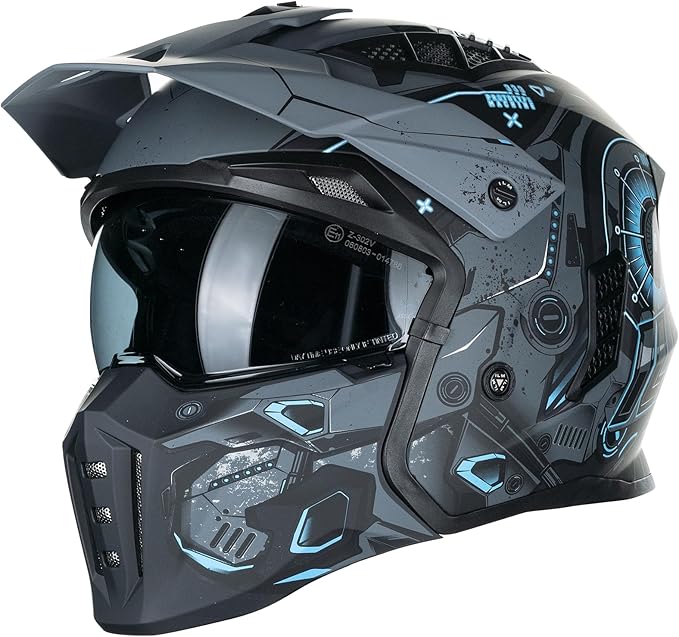 ILM Open Face Motorcycle 3/4 Half Helmet for Men and Women, Vintage Retro Helmet with Visor for Moped ATV Cruiser Scooter DOT Model Z302(Blue Mecha,Small)