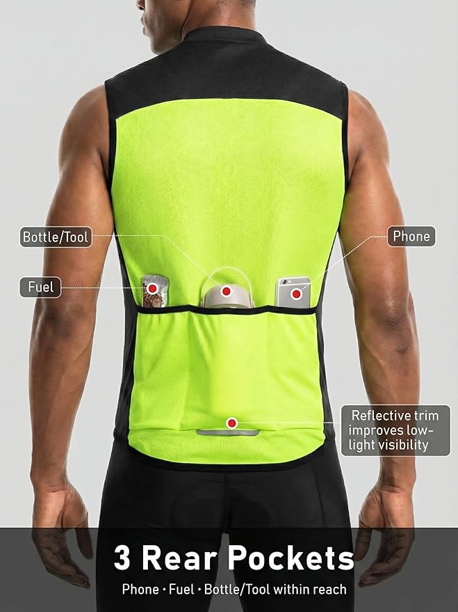 qualidyne Men's Sleeveless Cycling Jersey, Full Zip, Quick-Dry Moisture-Wicking Knit, 3 Rear Pockets, Reflective Details