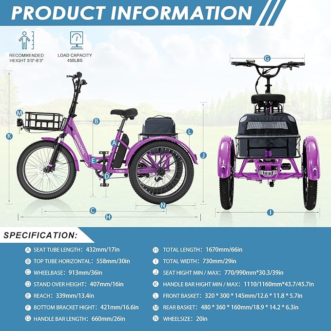 MOONCOOL Folding Electric Tricycle for Adults, 48V 500W 3 Wheels Electric Trike, Aluminum Frame 750W Electric Tricycle Adult Bicycle with Removable Battery, Front and Back Bags