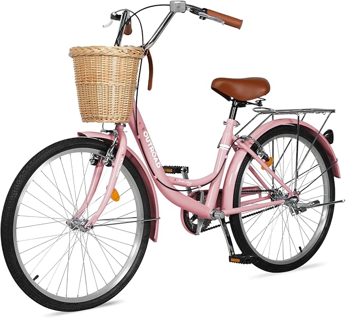 Betterland Beach Cruiser Bike for Women, 24/26 inch Hybrid Bike with Adjustable Seat, Womens Bike with Front Basket and Dual V-Brake, Step Through Comfort Bicycle for City Commuter