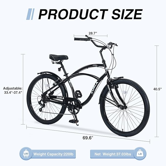26 Inch Beach Cruiser Bike for Women/Girls/Men/Senior/Adults, City Hybrid Bike 7 speeds Steel Frame Commuter Bike for Women Men Senior, 7 Colors