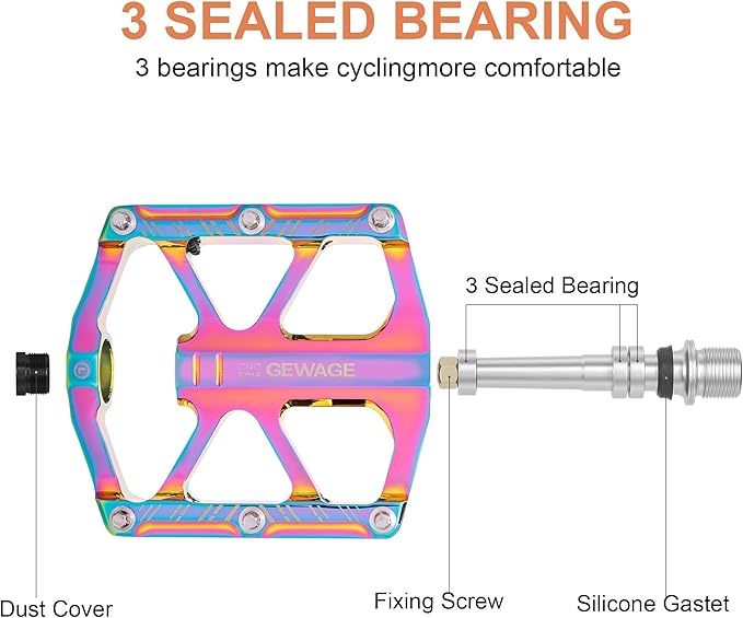 Mountain Bike Pedals - 3 Bearings Bicycle Pedals with Reflectors - 9/16” CNC Machined Flat Pedals with Removable Anti-Skid Nails for Road Mountain BMX MTB Bike