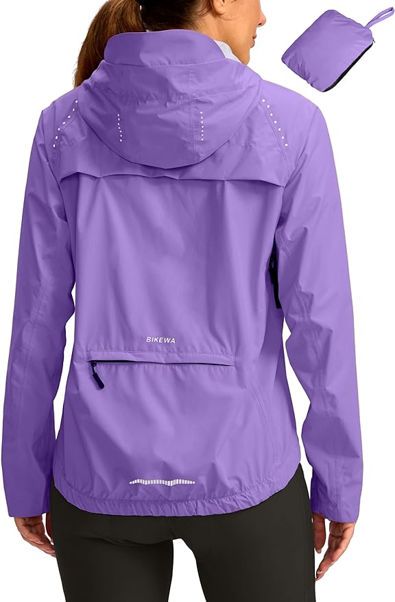 Bikewa Women's Cycling Rain Jackets Waterproof Windbreaker Lightweight Running Windproof Reflective Jacket Packable Hooded