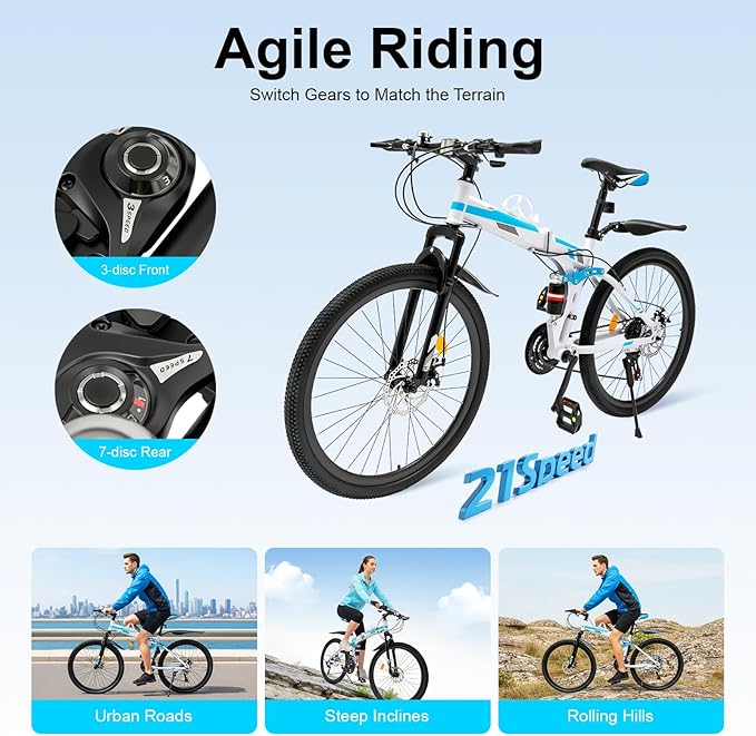 26 Inch Folding Mountain Bike, 21 Speed Dual/Front Suspension Mens Mountain Bike with High Carbon Steel, Non-Slip Quick Release Tire Fork Folding Bicycle for Men Women