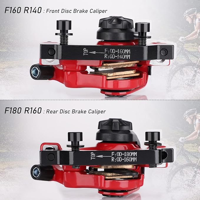TOBWOLF 1 Pair Mechanical Disc Brake Kit, MTB Front & Rear Disc Brake Caliper with 160mm Rotor, Dual Piston Mechanical Disc Brake Set, Bicycle Accessories for Mountain Bike, Road Bike, BMX - Red