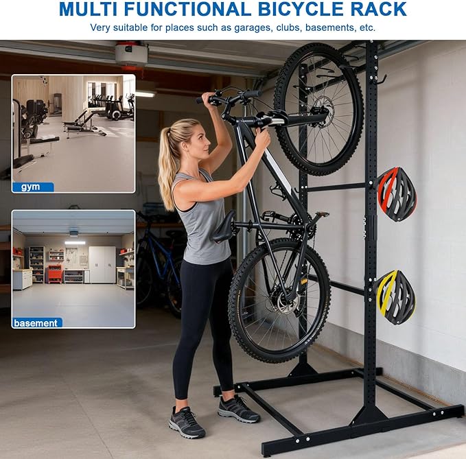 Freestanding Bike Stand with Adjustable Hooks Vertical Bike Storage Rack Holds Up To 6 Bikes & 6 Helmets Heavy Duty Bikes Floor Stand for Garage Basement Bicycles Repair Shop