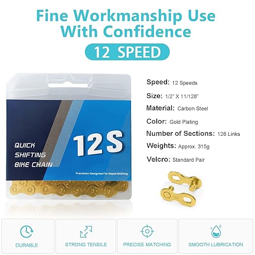 Gold Bike Chain 12 Speed Bike Chain,1/2 x 11/128 Inch,116 Links, Alloy Steel,Triple Strand,Suitable for Mountain Bike Road Bike