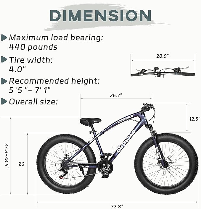 Outroad Fat Tire Mountain Bike with 26 inch Wheels, 21 Speed with High Carbon Steel Frame, Double Disc Brake and Front Suspension Anti-Slip Bikes