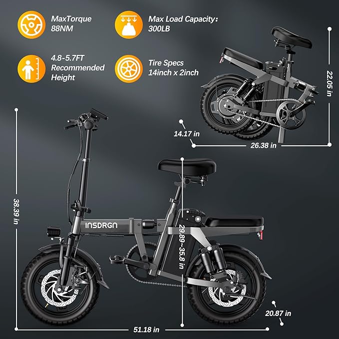 14" Folding Electric Bike for Adults, Peak 1500W Motor,20MPH Max Speed,48V 16Ah Removable Battery Electric Bike, 35/62Miles Max Range, UL 2849 Certified E Bike