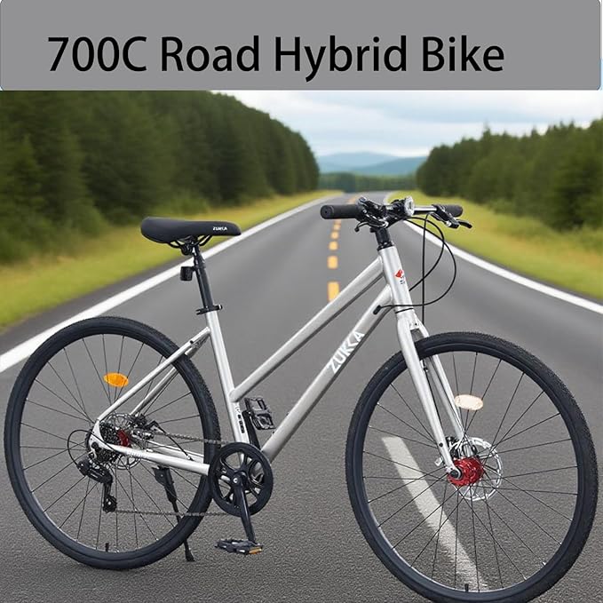 700C Road Hybrid Bike City Commuter Bicycle with 7 Speed/Front and Rear Disc Brakes/Steel Frame for Men Women Adult Available in A Variety of Colors