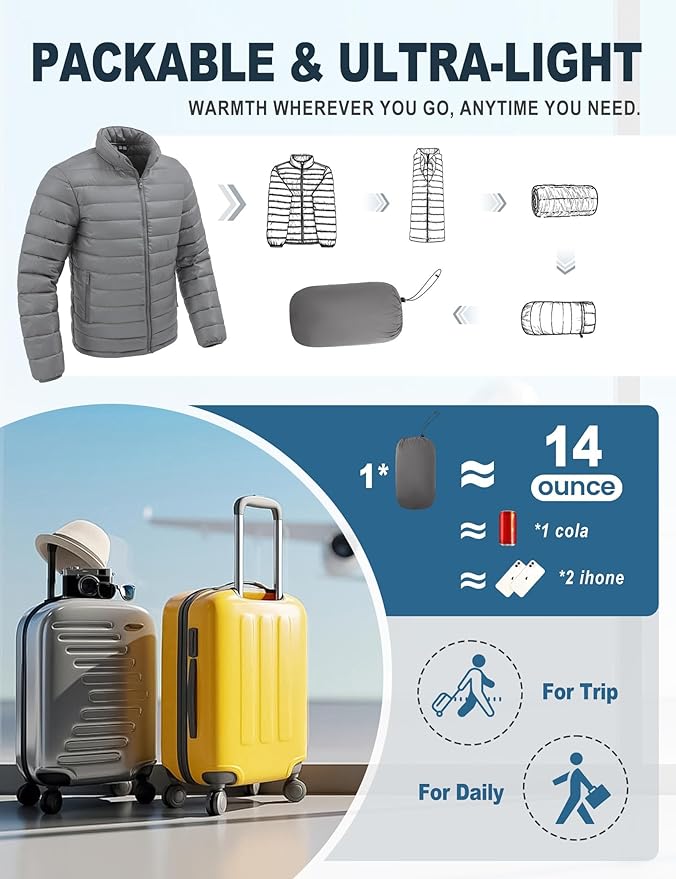 Men's Lightweight Packable Puffer Jacket Insulated Warm Winter Jackets Puffy Coat for Ski Hiking Travel