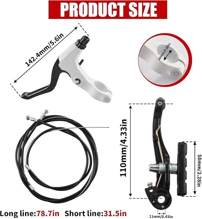 Complete Bike Brakes Set，Inner and Outer Callipers Cables Lever Kit ，Universal Bike Front and Rear MTB Brake with Multi-Tool Wrenches Black White