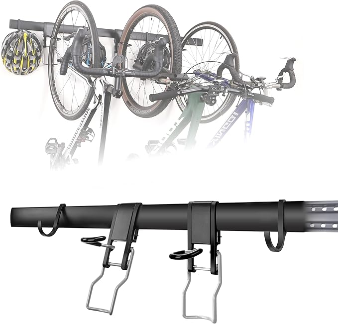 Adjustable Garage Bike Rack 6 hooks– Heavy-Duty Vertical Wall Mount Storage for 3 Bikes & 3 Helmets, Space-Saving Design, 750 lbs Weight Capacity