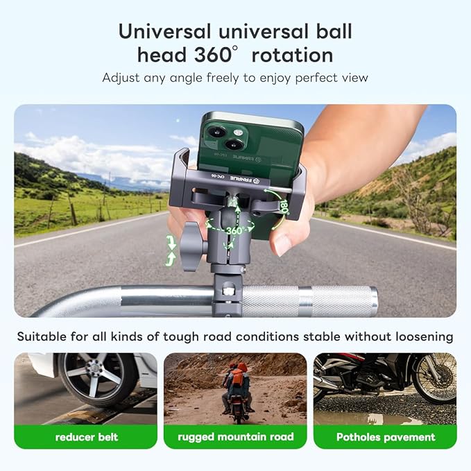 FANAUE Aluminum Motorcycle Phone Holder with 1" Ball Head Adapter Compatible with RAM mounts B Size Double Socket arm & Bike Handlebar Cell Phone Mount for 6-8.5" Smartphone