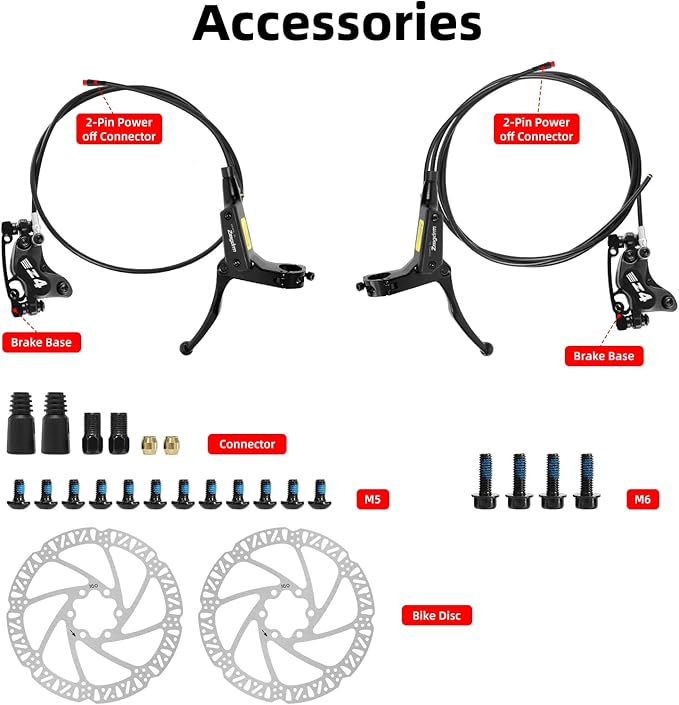 Hydraulic Disc Brake Set for E-bike, 4-Pistons 2-PIN Power-Off Pre-Bled with Mineral Oil Brakes Kit with 2Pcs 160mm 2.2mm Thick Rotors for eBike, Mountain Bike, Road Bike