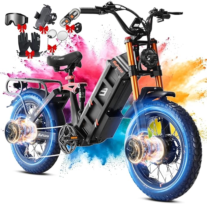 2026 eAhora Juliet Pro 2 EBike - Dual Motor 5400W/1200W 30-43MPH 60V 70Ah 200Mile Long Range Electric Bike for Adults, 20'' Fat Tire Fast Electric Mountain Bike Full Suspension Electric Bicycle