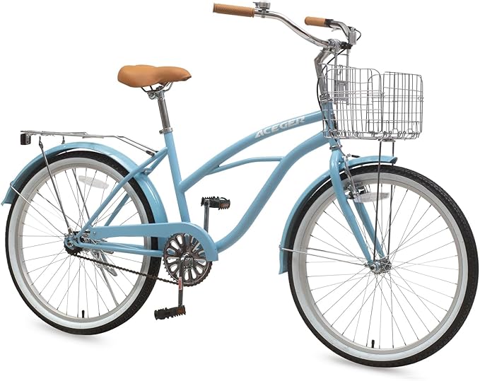 ACEGER 24 26 Inch Women Beach Cruiser Bike, Single Speed and 7 Speed, Adult Hybrid Bike Commuter Bicycle, Hi-Ten Steel Frame with Adjustable Handlebar and Saddle, Multiple Colors