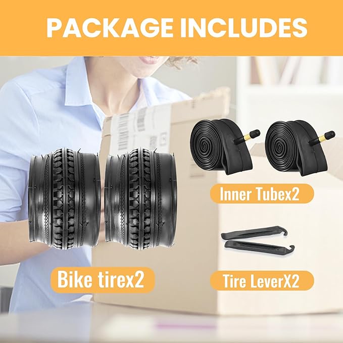 Hycline 26X1 3/8 Bike Tire Set: 2-Pack (37-590) Folding High-Density Bicycle Tires with Schrader Tubes & Tire Levers – Fits Vintage 26×1 3/8 City/Commuter Bikes