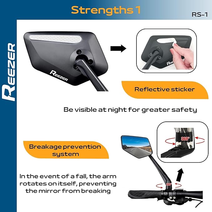 REEZER RS1 - Handlebar Bike mirror, 360° rotatable & foldable, large field of vision, Bicycle rearview mirrors, 0,86" to 1", Reflective RIGHT