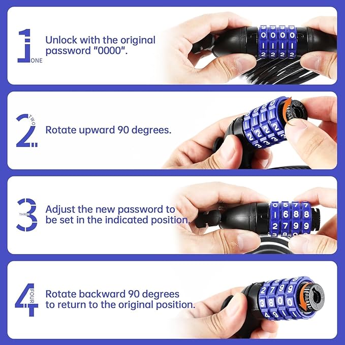 Bike Lock Cable,Anti Theft Cable Lock,4 Digit Security Resettable Combo Bike Lock, for E-Scooter, Electric Bike, Mountain Bike,Bicycle, Motorbikes