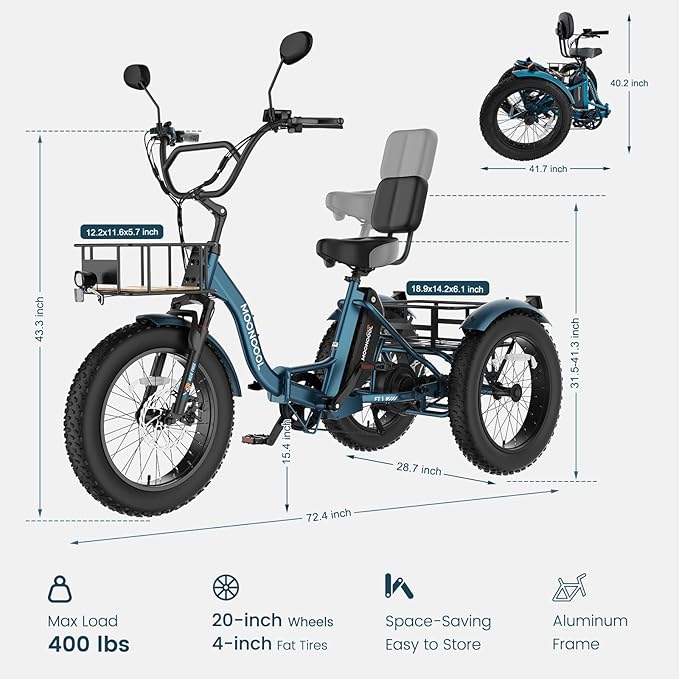 MOONCOOL 1000W 4" Fat Tire Electric Tricycle for Adults, 48V 14.5Ah All-Terrain Aluminum 20" E-Trike, Front Suspension, 7-Speed, 400lbs Max Payload