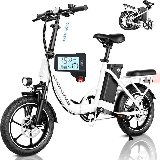 WINDHORSE 16" Folding Electric Bike for Adults, 630W Peak Motor, 20MPH, 19–35 Miles Pedal Assist Range, LCD Display, Suspension, Dual Disc Brakes, Removable Battery, Commuter Ebike