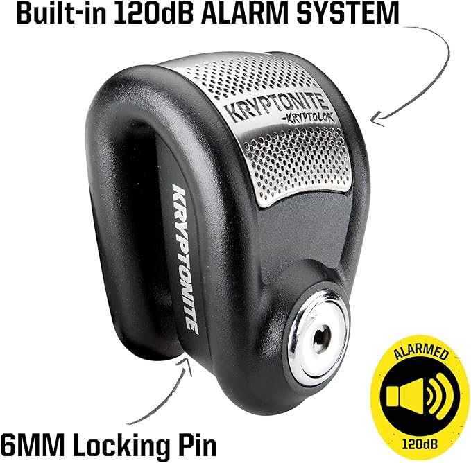 Kryptonite Alarm Disc, Heavy Duty Anti-Theft Motorcycle Lock with 120db Alarm, Weather-Resistant, Powersport Disc Brake Lock