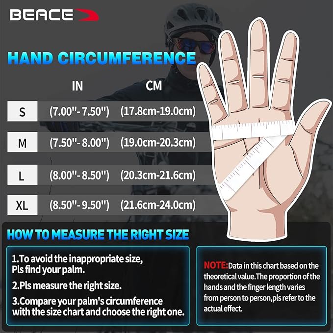 BEACE Cycling Gloves for Men Women - Full Finger Mountain Bike Gloves With Touch Screen and Anti-Slip Silicone Palm - Workout and Road Bicycle Gloves