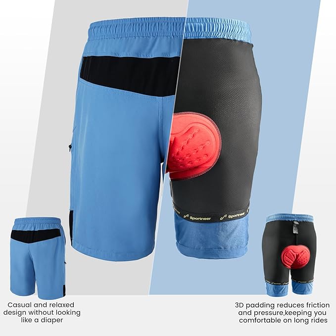 Sportneer Bike Shorts for Men: 3D Padded Lightweight Riding Biking Cycling Mountain Bike Shorts for Men with Zipper Pockets