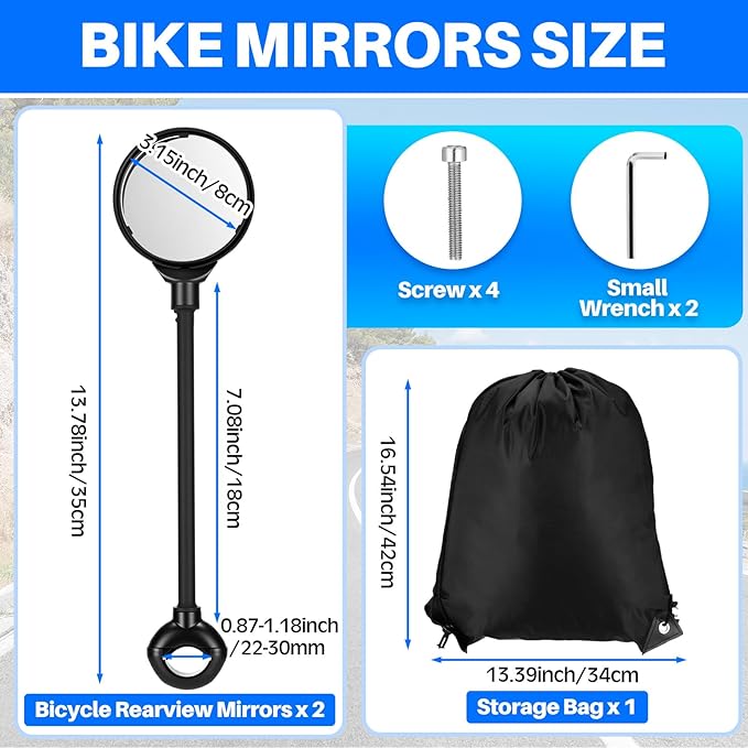 BBTO 2 Pack Bike Mirror Handlebar Mount Adjustable Rotatable Wide Angle Bicycle Rear View Mirror with Storage Bag Universal Fit for Mountain Road Bike Ebike Bicycle Motorcycle Scooters