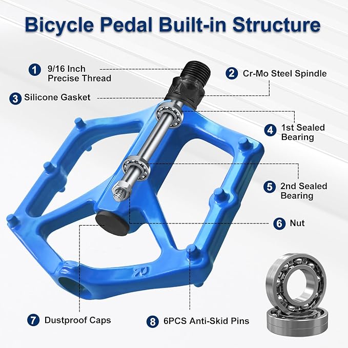 Mountain Bike Pedals,Road/MTB Flat Pedals, Non-Slip Lightweight Aluminum Alloy Bicycle Pedals, Fits 9/16" Road Mountain BMX MTB Bike Pedal
