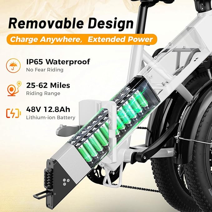 Aipas A2 Folding Electric Bike, 20'' Fat Tire Electric Bike with 750W Peak Motor, 48V 12.8Ah Removable Battery, 28MPH Max Speed, 62 Mile Range, Step-Through Frame and 7-Speed with 2 Baskets