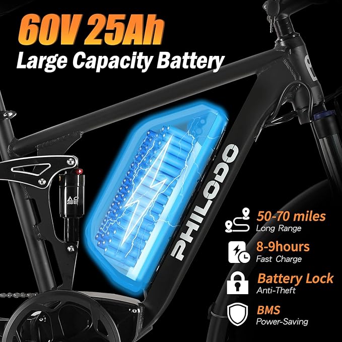 5000w Dual Motor Electric Bicycles, 60V Battery E-Bike with 45 MiIe P-Hour Electric Bike for Adults, 26 Fat Tire Hunting Ebike for All Terrain, Full Suspension Electric Ebike