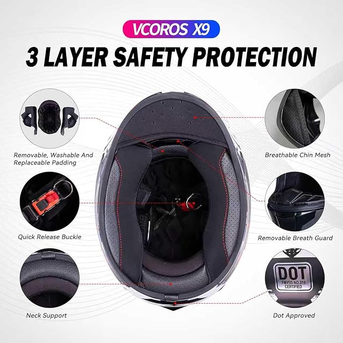 VCOROS Full Face Dual Visor Motorcycle Helmet for Adults Motorbike Street Bike Racing Helmets X9 DOT Approved with Black Visor