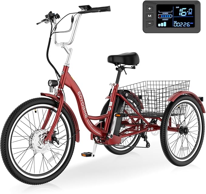 Electric Tricycle for Adults Seniors, 24/26 Inch 3 Wheel E-Trike, 350W Motor (700W Peak), Removable 36V Battery, Up to 15.5MPH, 25-60Mile Range, Low Step-Through, Rear Basket, 350lbs Capacity, 7 Speed