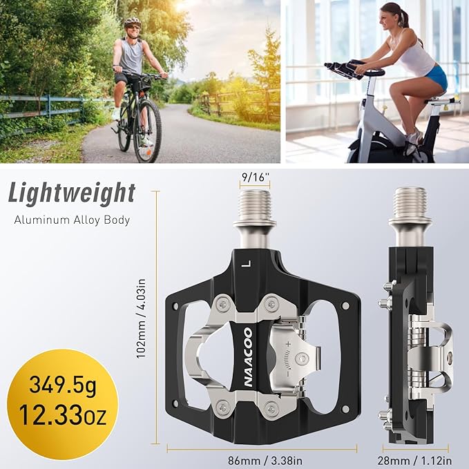 NAACOO Bike Pedals Dual Platform Compatible with Shimano SPD Mountain Clipless Pedals,3-Sealed Bearing Lightweight Bicycle Pedals for Outdoor Spin Exercise Peloton Fit Trekking Bike