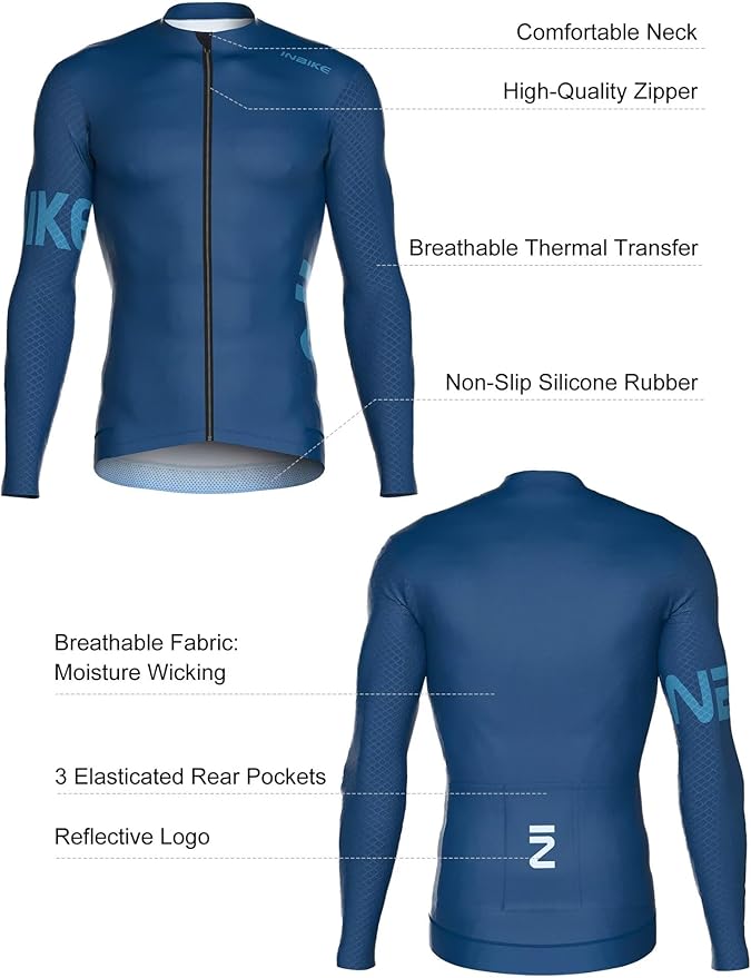 INBIKE Cycling Jersey Men, Long Sleeves Quick Dry Bike Shorts with Pockets, Moisture Wicking Bicycle Tops for Road Biking MTB