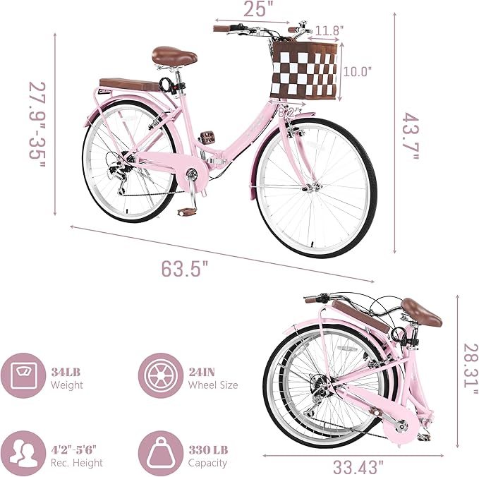 24/26 Inch Foldable Beach Cruiser Bike for Women, 7 Speed Folding Bikes for Adults, Womens City Bike with Basket & Adjustable Seat, Step Through Commute Bikes for Women Adults